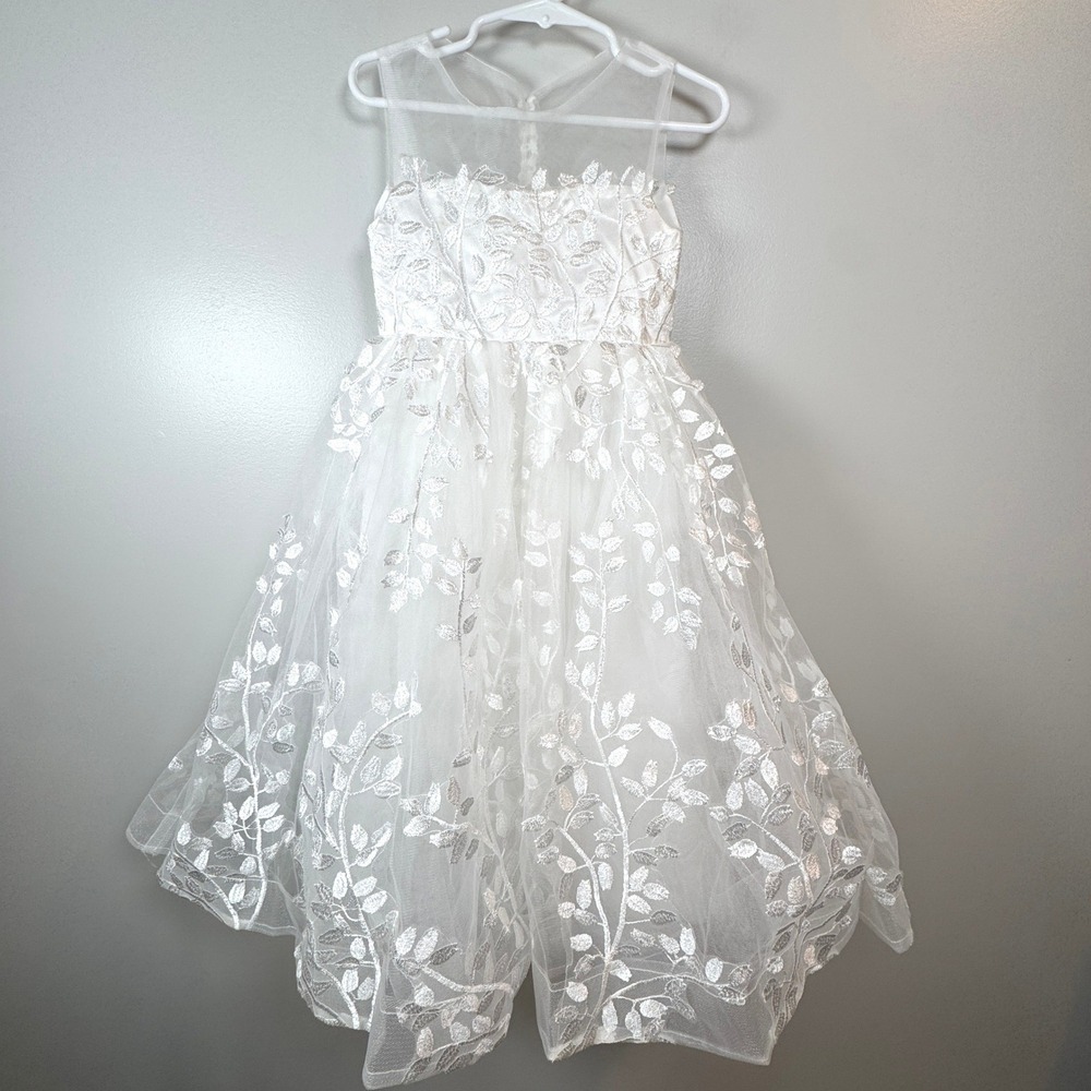 White Embroidered Flower Girl Dress Pearl Back Mini Bride Wedding Fairycore Sz 2